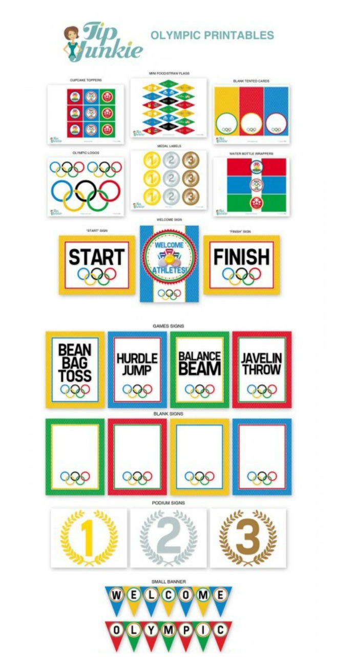FREE Olympic Party printables for the best party around! These 13 Olympic Games Printable Party Decor from Tip Junkie! {FREEBIE}are fabulous!
