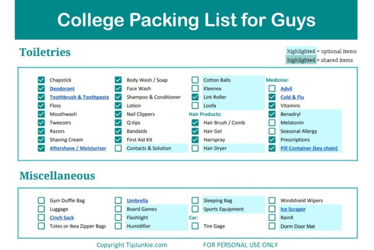 college packing list for guys dorm at byu idaho free printable tip
