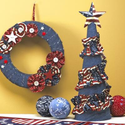 All-American Denim & Flowers Wreath & Denim & Ruffles Topiary